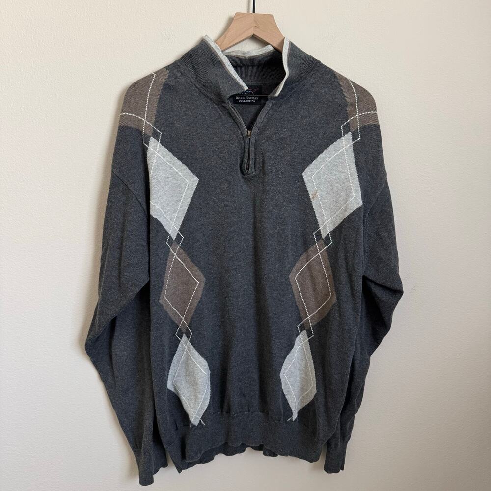 Vintage Greg Norman 90s Mens Gray Argyle Quarter Zip Pullover Sweater Size Large